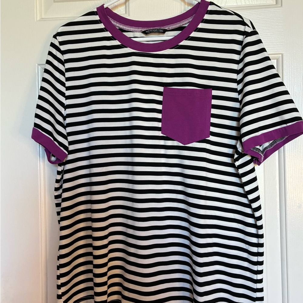 Striped Black & White Tee with Purple Trim and Pocket